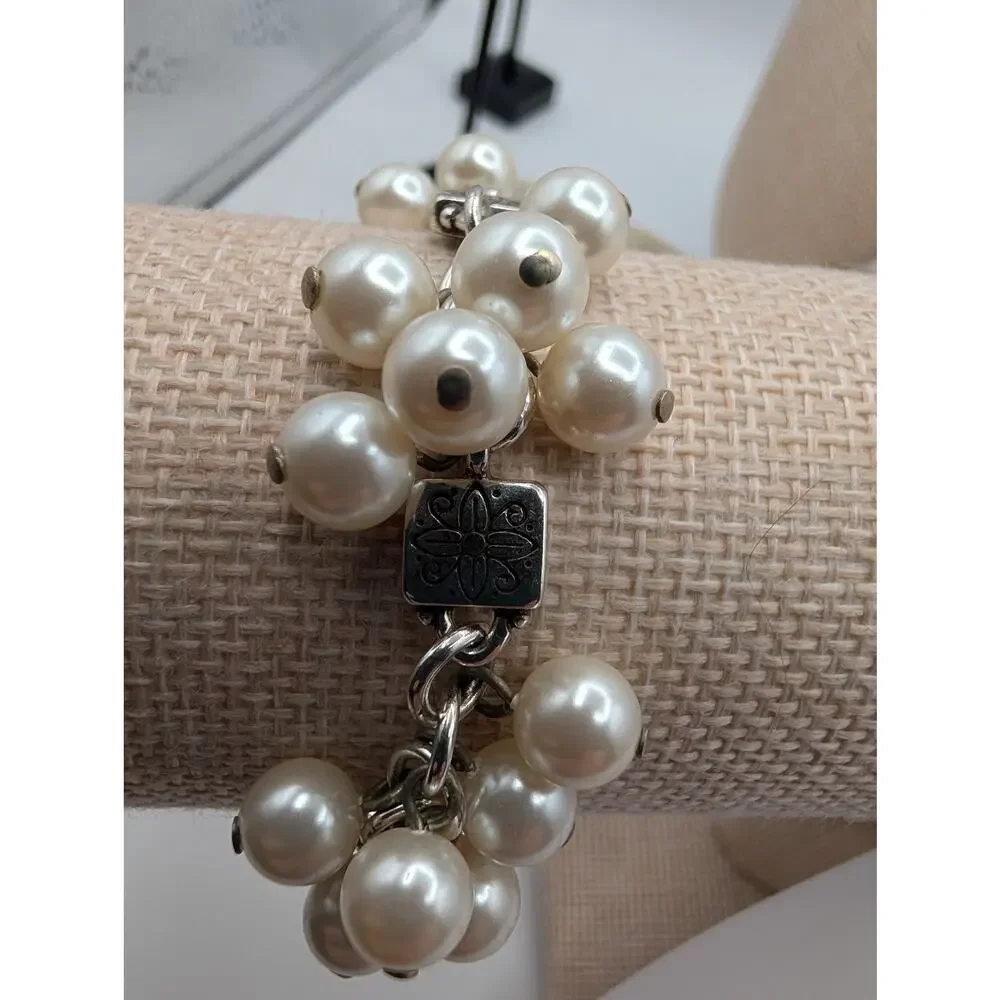 BrightonElegant Faux Pearl Cluster Silver Tone Bracelet Adjustable Lobster Clasp